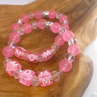 Mom Pink Round Square Beaded Stretch Bracelet