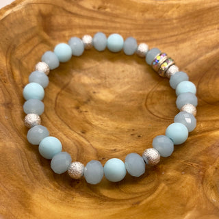 Custom Light Blue Rondelle Silver Bead Round Stretch Bracelet