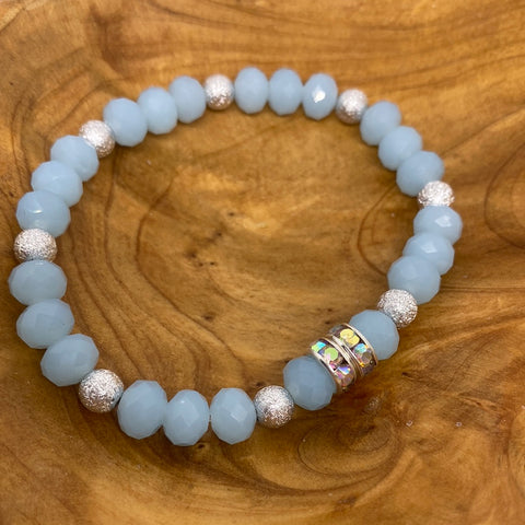 Custom Light Blue Rondelle Bead Silver Accents Stretch Bracelet