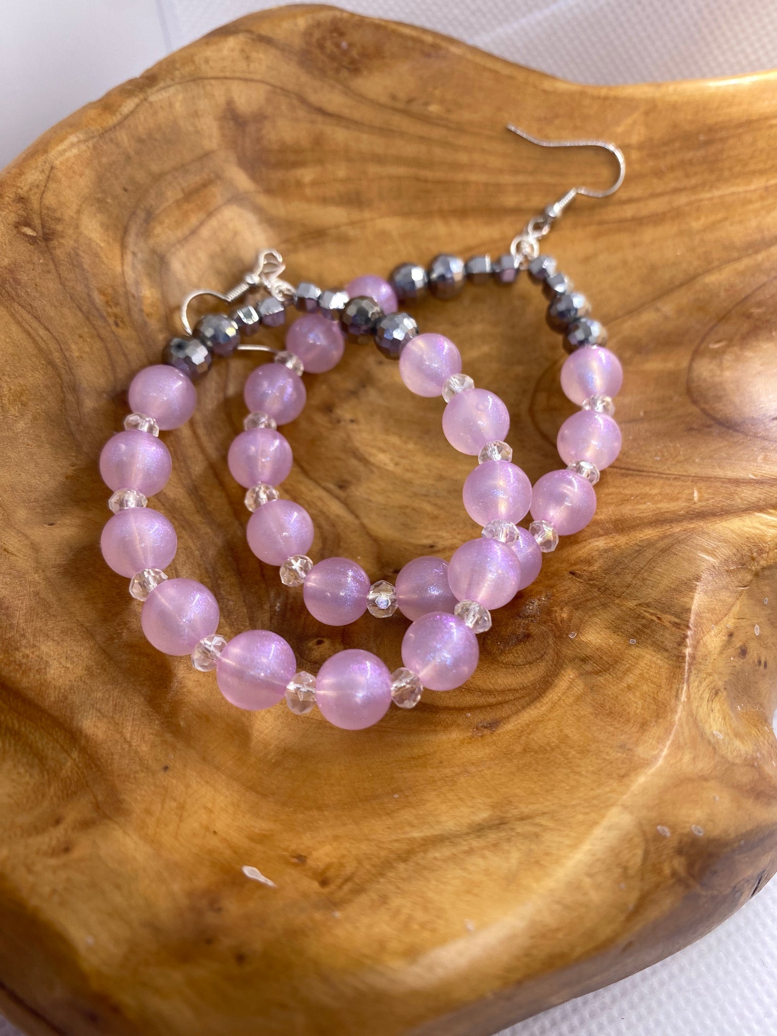 Custom Lavender Round Bead Silver Accent Loop Earrings
