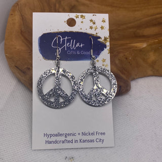 Clear Glitter Peace Acrylic Earrings