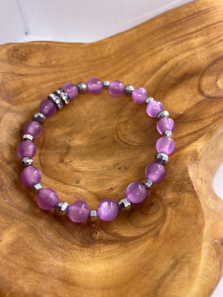 Custom Purple Round Bead Stretch Bracelet Deep Silver Accents