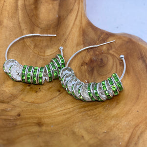Green Silver Rhinestone Hoop Earrings