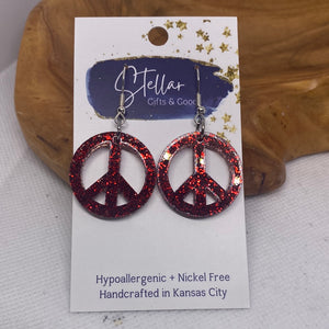 Red Glitter Peace Acrylic Earrings