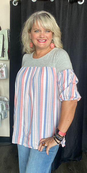 Striped Woven Contrast Puff Sleeve Tunic Top