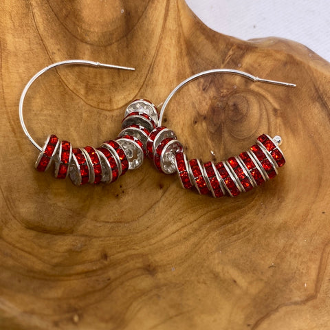 Silver Red Rhinestone Hoop Earrings