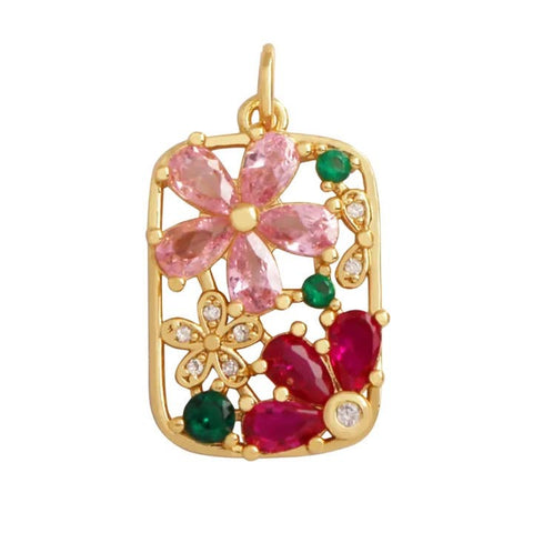 Gold Tone Large Pave Pink Red Flower Charm Necklaces Bracelet