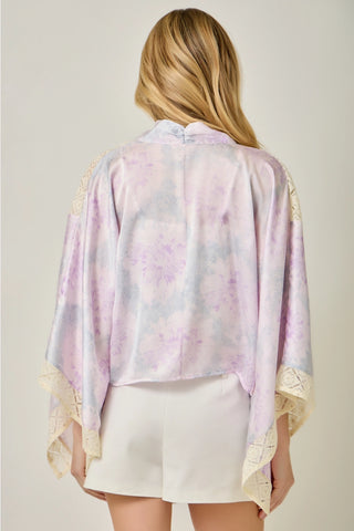Lavender Mixed Lace Floral Print Kimono