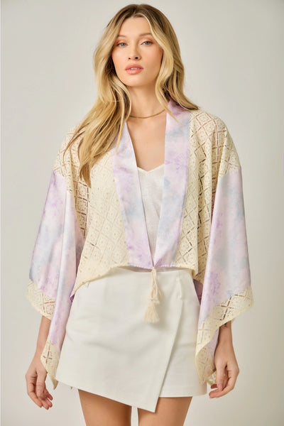 Lavender Mixed Lace Floral Print Kimono