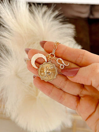 Leo Three Charm Zodiac Moon CZ Pendant Paperclip Necklace