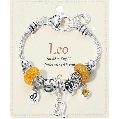 Bracelet with charms on a card featuring the Leo zodiac sign