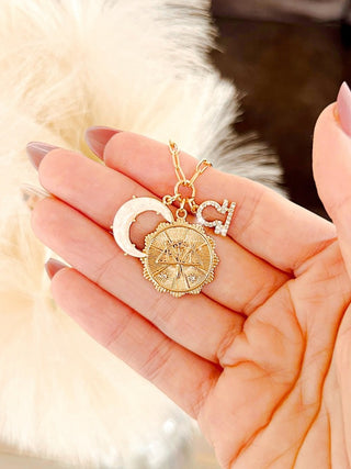 Libra Three Charm Zodiac Moon CZ Pendant Paperclip Necklace