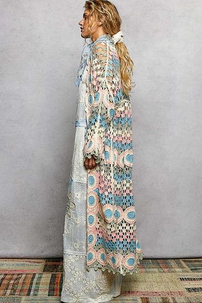 Long Sleeve Crochet Stripe Open Knit Cardigan