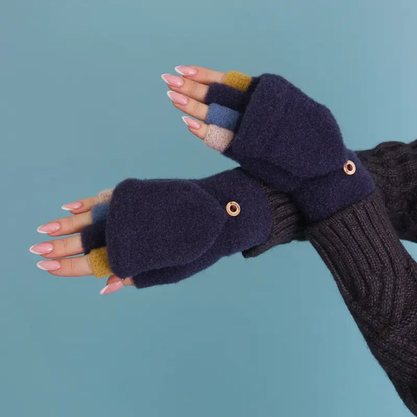 Convertible Full Coverage Fingerless Gloves Mittens Blue