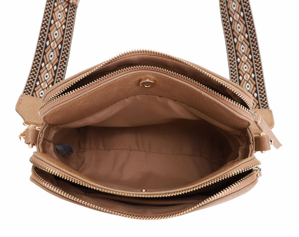 Three Compartment Faux Leather Crossbody Purse Guitar Strap Black