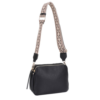 Three Compartment Faux Leather Crossbody Purse Guitar Strap Black