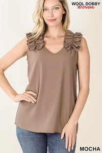 Sleeveless Tank Ruffle Shoulder Top Mocha