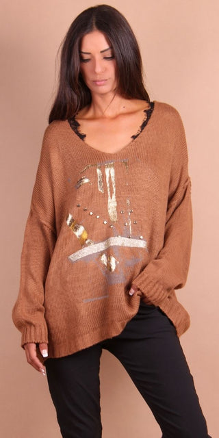 Long Sleeve Mocha Brivido V Neck Sweater