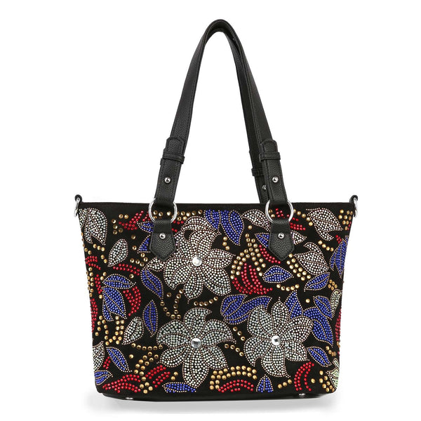 Faux Leather Floral Rhinestone Multi Color Tote Purse