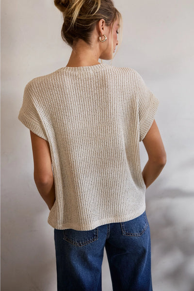 Natural Crewneck Cuffed Short Sleeve Sweater