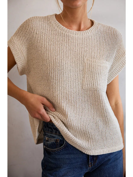 Natural Crewneck Cuffed Short Sleeve Sweater