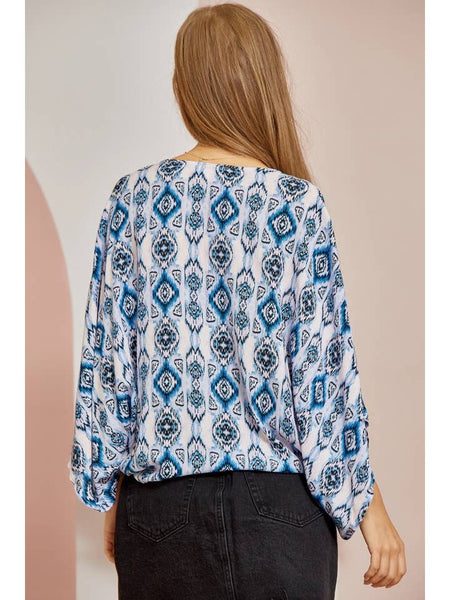 Kimono Sleeves Printed Wrap Style Blouse