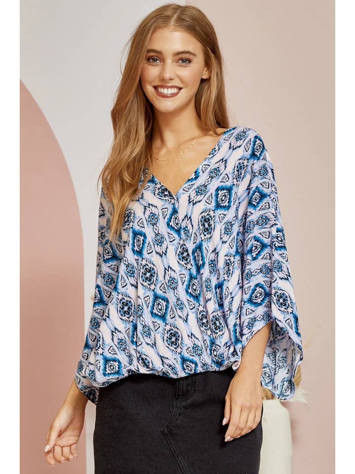 Kimono Sleeves Printed Wrap Style Blouse