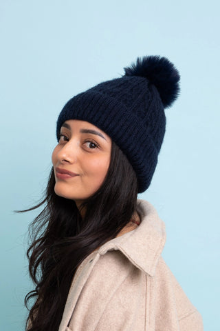 Faux Fur Pom Pom Thermal Hat Navy Blue