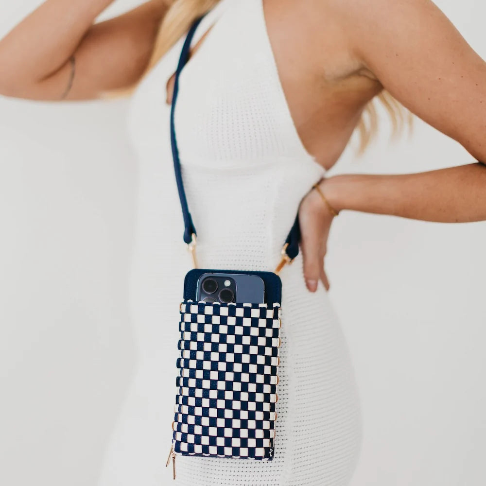Faux Leather Cell Phone Purse Checkered Navy