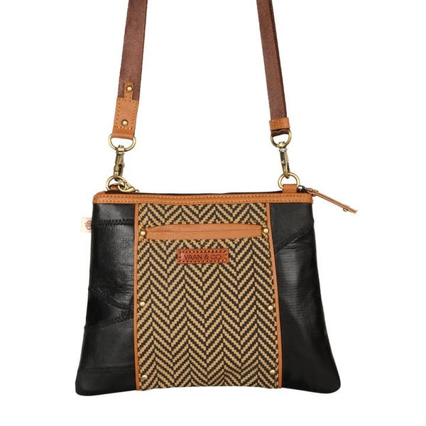 Black Angled Herringbone Leather Recyled Canvas Crossbody Cross body Purse