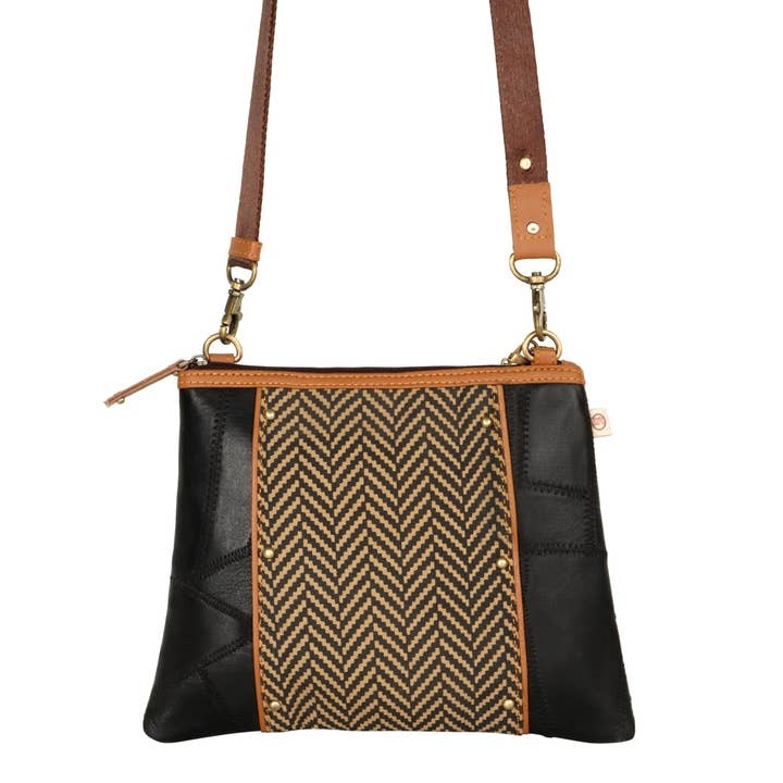 Black Angled Herringbone Leather Recyled Canvas Crossbody Cross body Purse