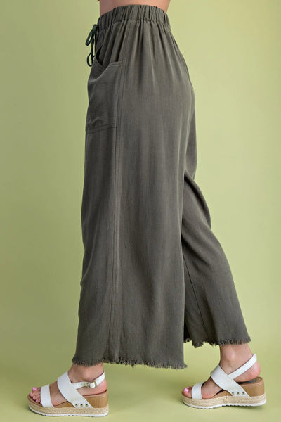 Full Length Frayed Wide leg Pants with Pockets Olive