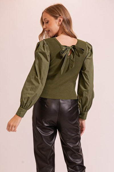 Back Tie Puff Sleeve Olive Sweater w Back Bow