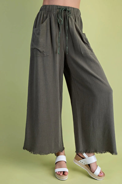 Full Length Frayed Wide leg Pants with Pockets Olive