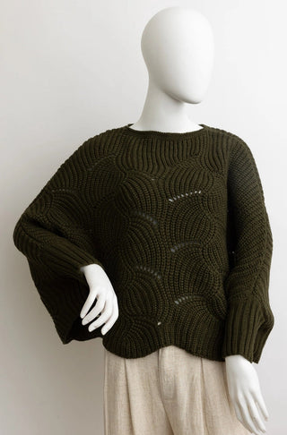 An olive green chunky knit sweater displayed on a white mannequin, paired with light beige trousers, against a plain off-white background.