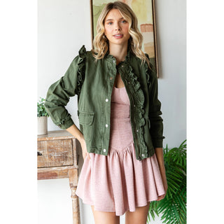 Long Sleeve Ruffle Jacket Zips and Buttons Coat
