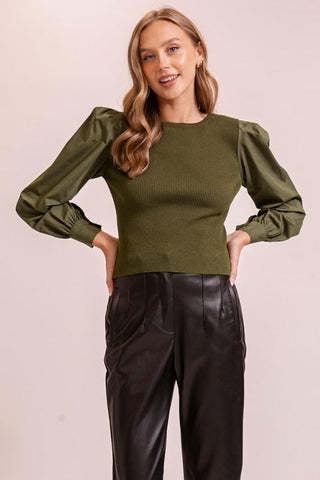 Back Tie Puff Sleeve Olive Sweater w Back Bow