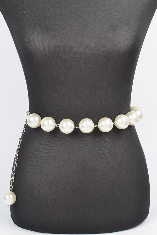 Oversize Pearl Silver Tone Chain Belt