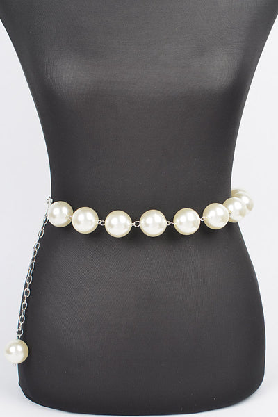 Oversize Pearl Silver Tone Chain Belt