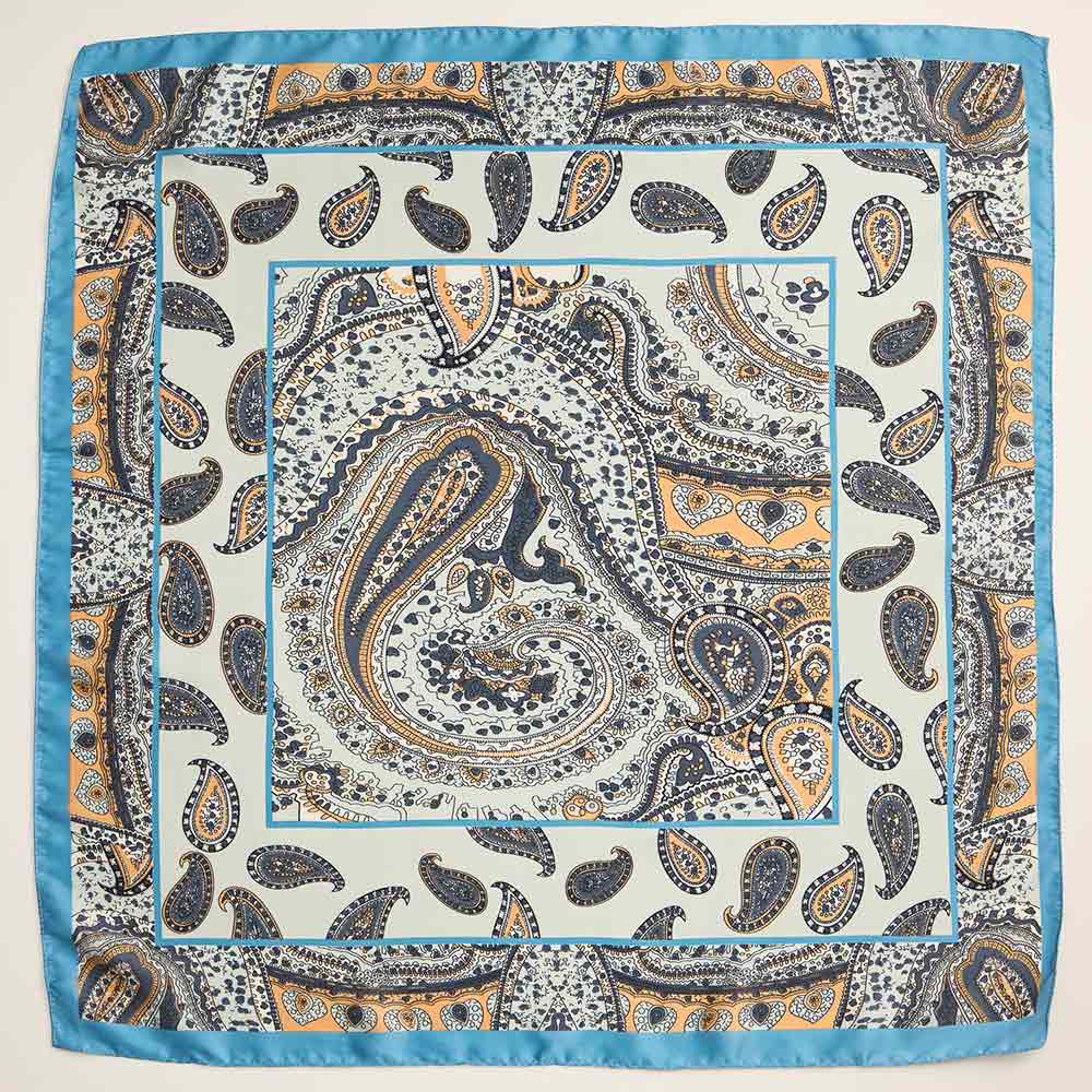 Blue Pastel Paisley Pattern Printed Silky Satin Scarf