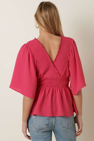 Pink Smocked Detail Peplum Blouse