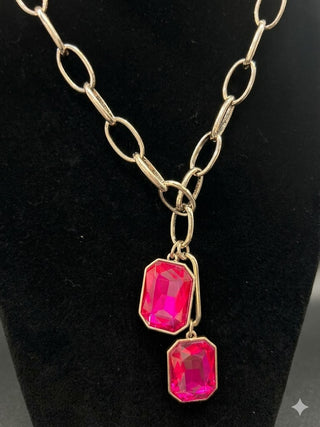 Fuchsia Pink Round Layered Crystal Silver Necklace