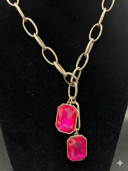 Fuchsia Pink Round Layered Crystal Silver Necklace