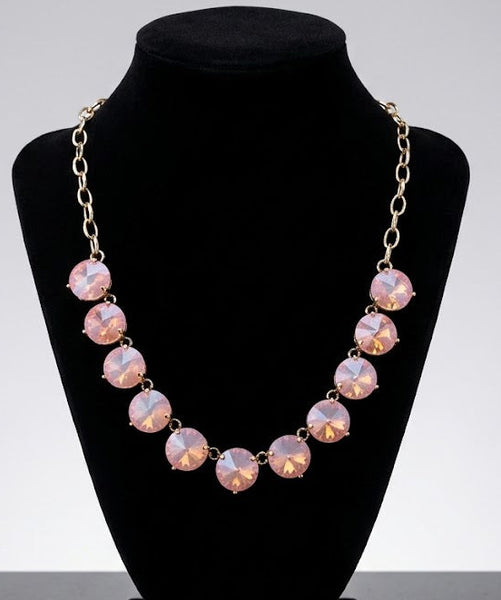 Pink Crystal Necklace with Silver Paperclip Chain