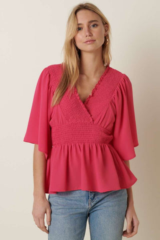 Pink Smocked Detail Peplum Blouse