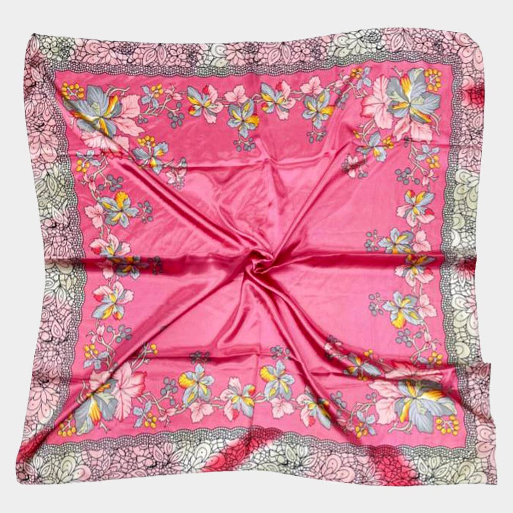 Pink Flower Pattern Silky Satin Scarf