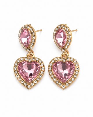 Pink Crystal Heart Drop Earrings