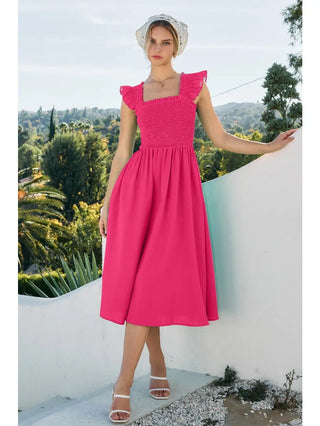 Sleeveless Midi Length Dress with Smocked Bodice
