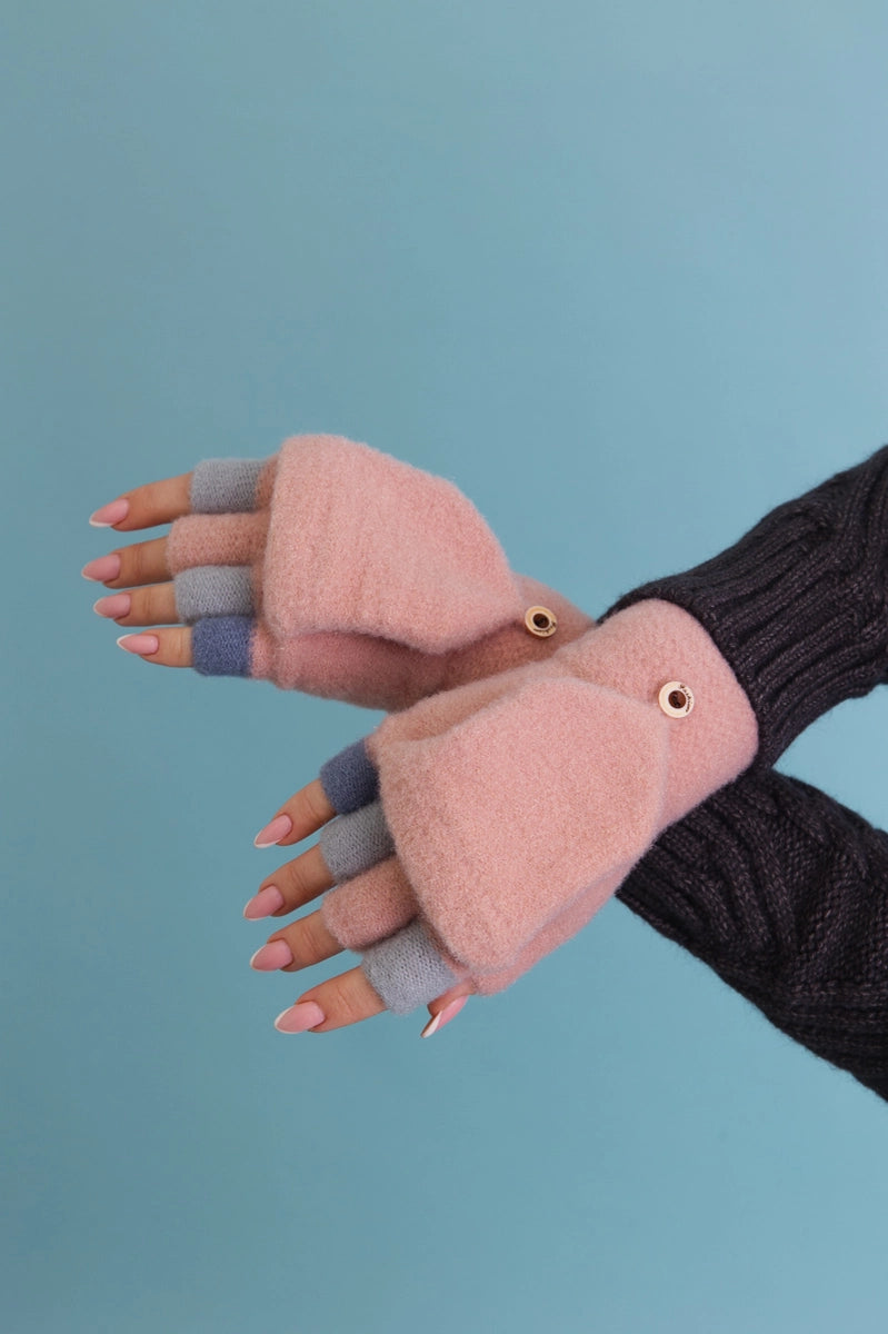 Convertible Full Coverage Fingerless Gloves Mittens Pink