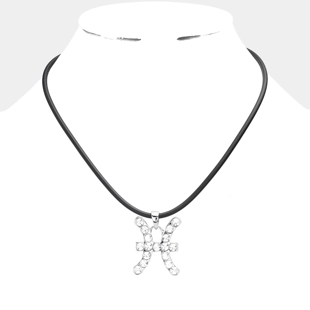 Black Choker Necklace with pisces zodiac sign pendant on rubber chain